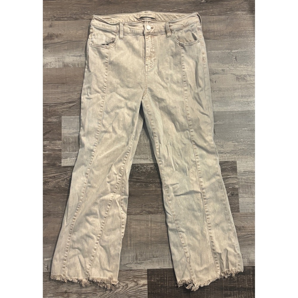 Liverpool Los Angeles High Rise Flare Jeans Tan Seam Detail Frayed Hem 14/32